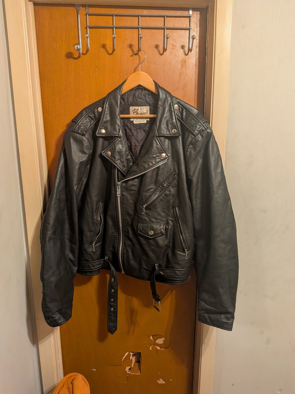 Men's Black Leather Biker Jacket with Belt - Classic Moto Style